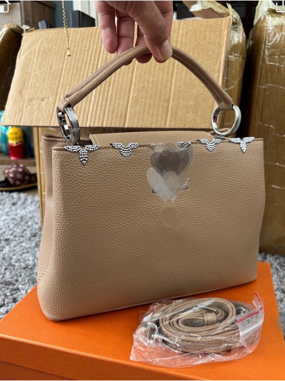 Structured Tan Pebbled Leather Top-Handle Satchel